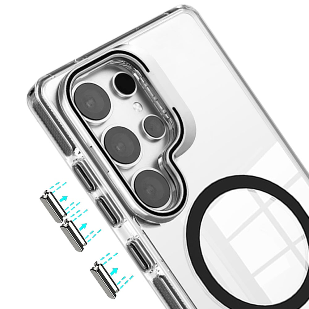For Samsung Galaxy A06 Built-in Camera Kick-Stand, Compatible with MagSafe, Transparent Colorful Edged Tough Hybrid TPU Case Cover Clear Black