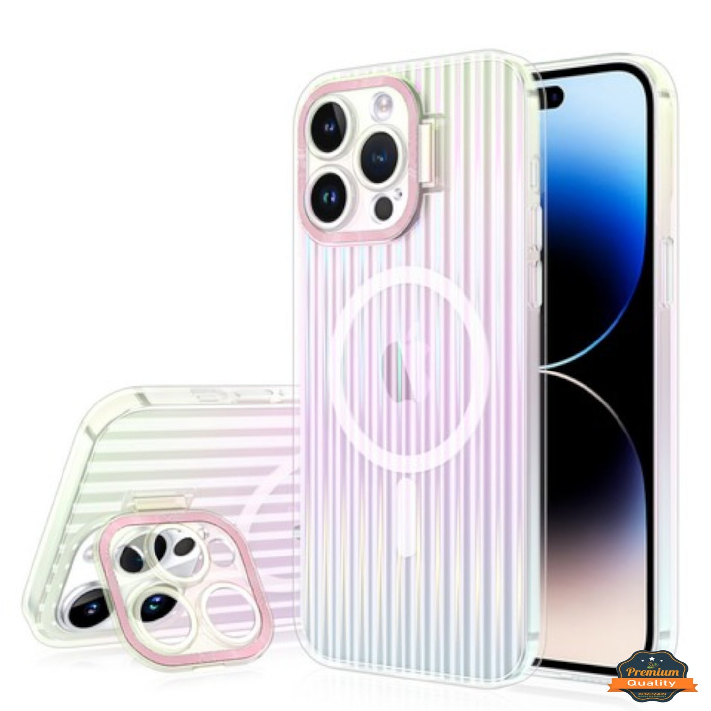 For Apple iPhone 15 Pro Max (6.7") Built-in Camera Kickstand Shockproof Iridescent Holographic Colorful TPU Protective Phone Case Cover