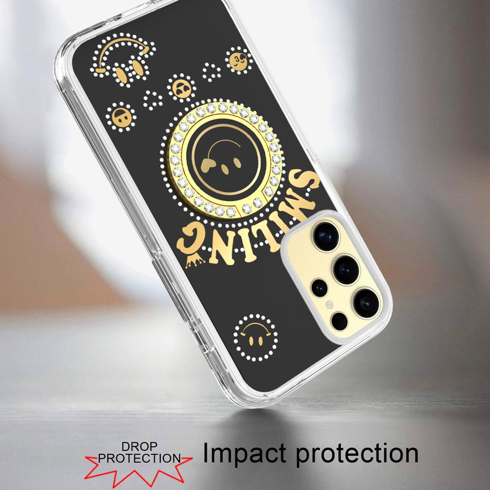 For Samsung Galaxy A16 5G Smiling Glitter Ornament Bling Sparkle with Ring Stand Hybrid Slim TPU + Hard Back Shell Case Cover