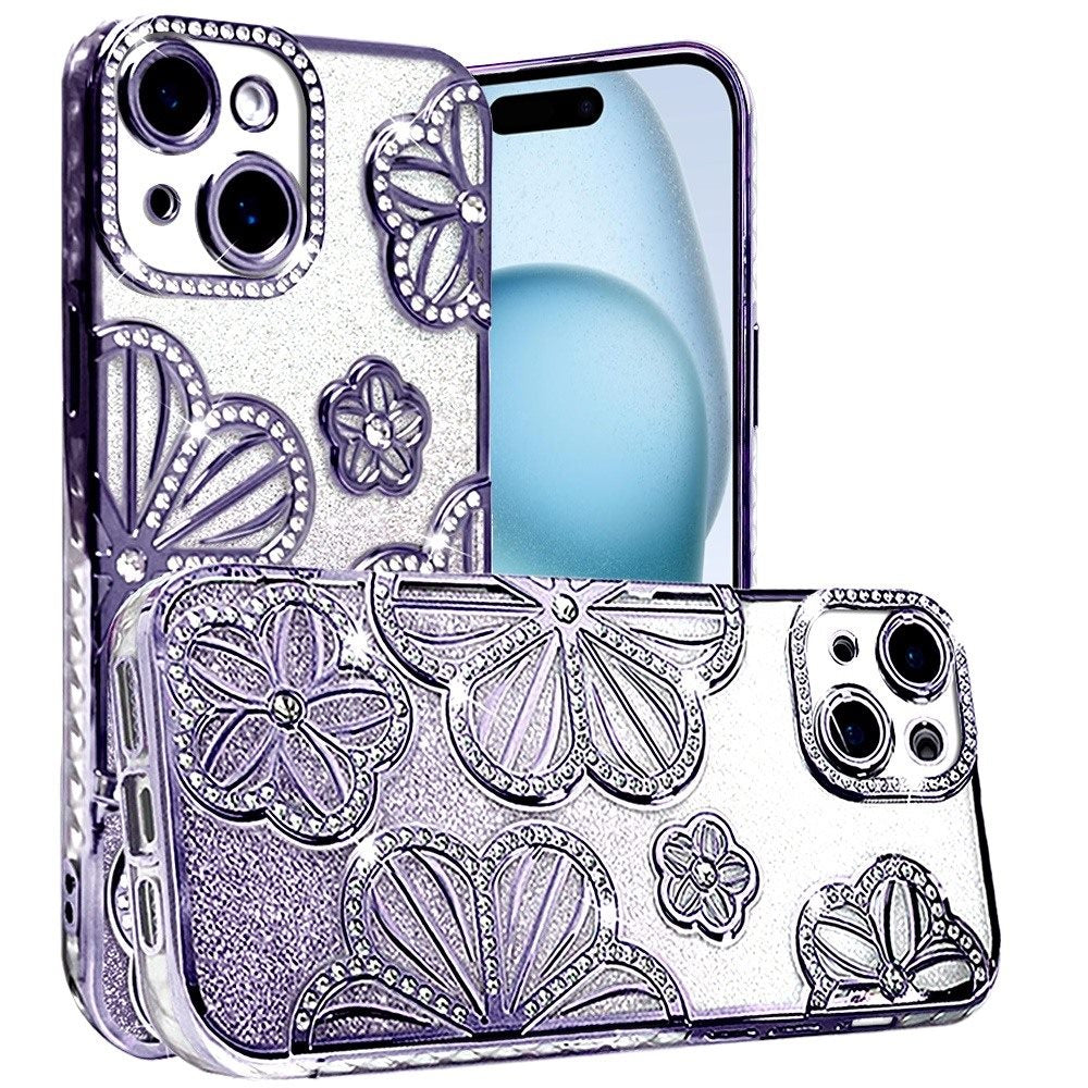 For Apple iPhone 11 (6.1") Luxury Floral Design Sparkle Glitter Diamond Crystal Rhinestone Shimmer Bling Plating Thick TPU Hard PC Case Cover