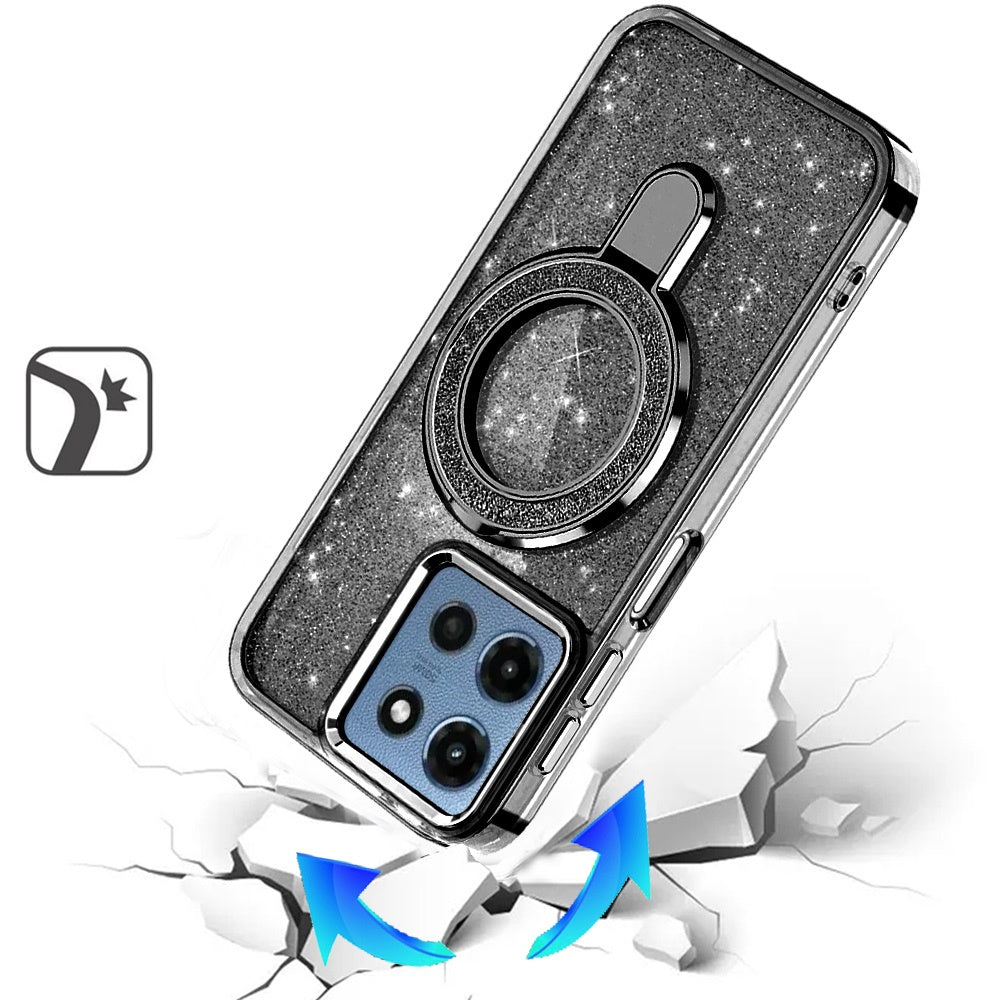 For Motorola Moto G Stylus 5G 2025 Transparent Glitter Bling Case with Rotating Magnetic Ring Stand, Shockproof Hybrid Case Cover