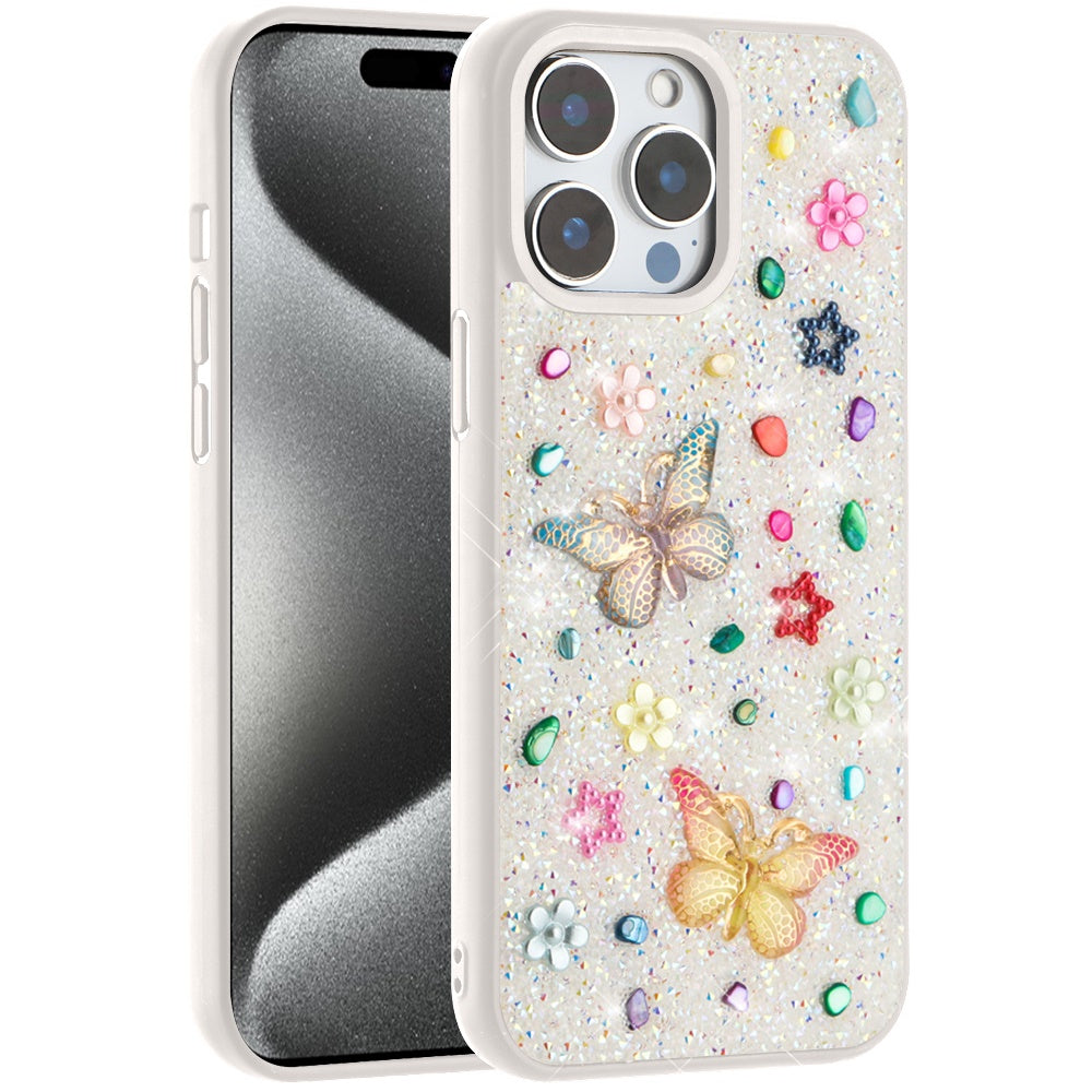 For Apple iPhone 15 Pro Max Diamond Butterfly 3D Glitter Bling Design, Slim Hybrid Sparkle Protective Cover TPU for Women Girls Case Cover