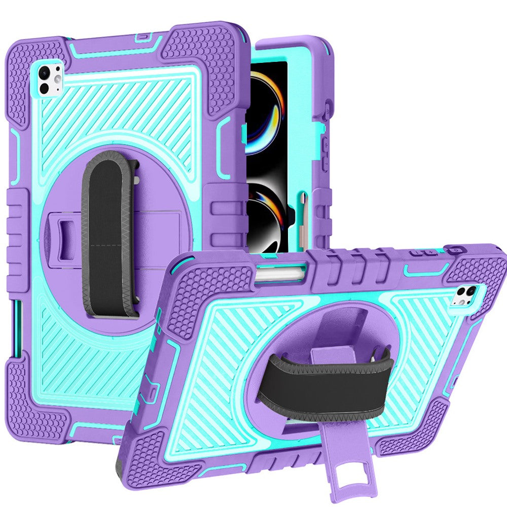 For Hybrid 3in1 Multi-Functional Shockproof Tablet Case with Hand, Shoulder Strap, Pencil & Stand Holder Purple Teal Tablet Case Cover