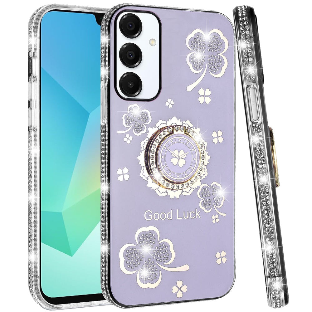 For Samsung Galaxy A16 5G Diamonds Bling All Around Edges Sparkly Glitter Hybrid with Ring Stand Holder Fashion Good Luck Case Cover