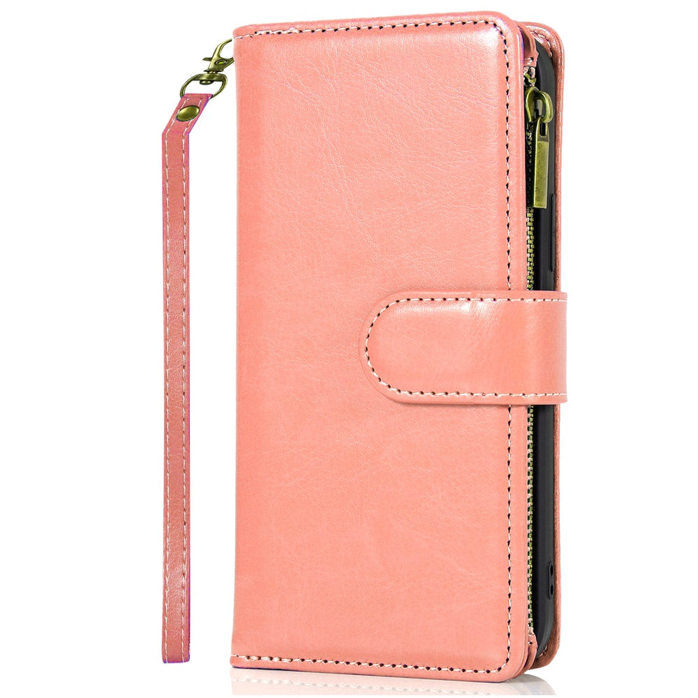 For Samsung Galaxy A16 5G PU Leather Zipper Wallet Case 9 Credit Card Slots Cash Money Pocket Clutch Pouch with Stand & Strap Case Cover Rose Gold