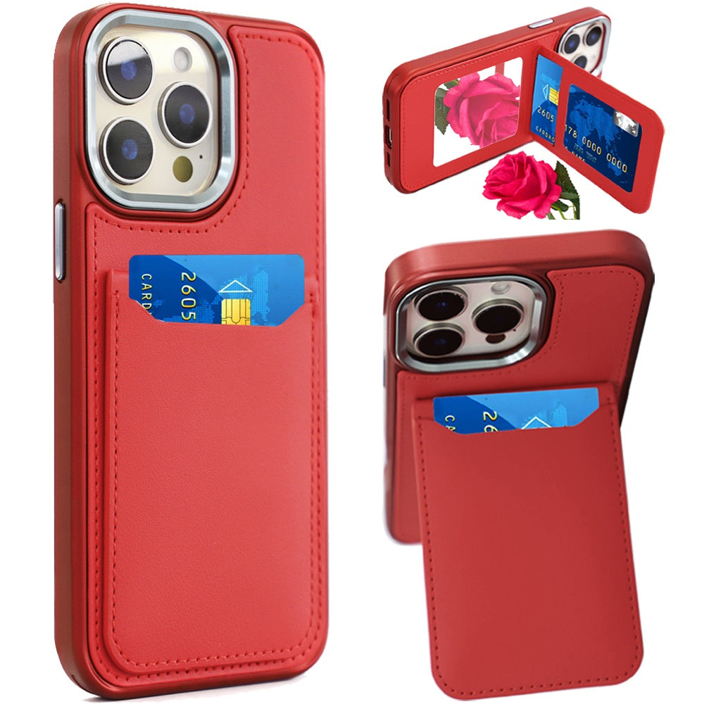 For Apple iPhone 16 Pro (6.3") PU Leather Wallet Cover with Credit Card Holder, Kickstand & Mirror Inside Slim Fit TPU & PC Hybrid Design Case Cover