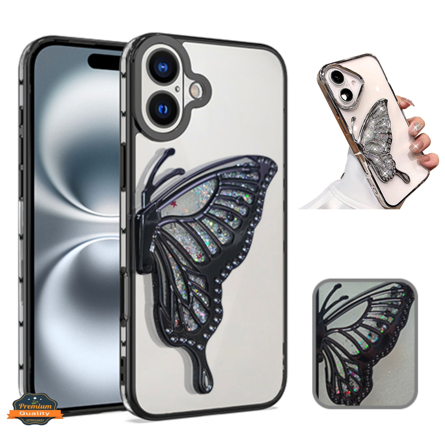 For Samsung Galaxy A16 Glitter 3D Butterfly Bling Case, Chrome Electroplate Sparkle Liquid Flowing Plating Hybrid Bumper Case Cover