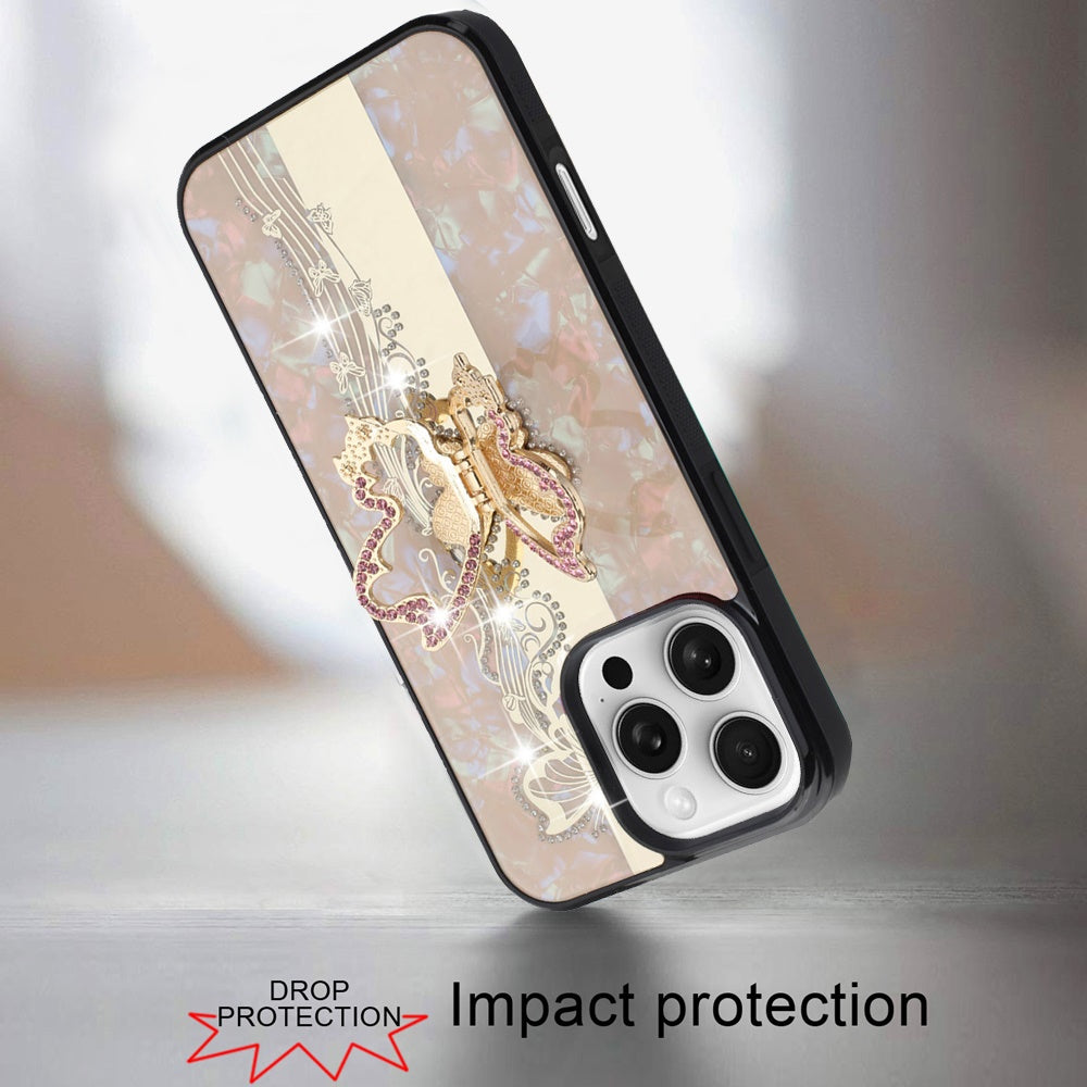 For Apple iPhone 16 Pro (6.3") Diamond Bling Sparkly 3D Back Ornaments Engraving Hybrid with Stand Fashion Case Cover Enchanted Butterfly Gold