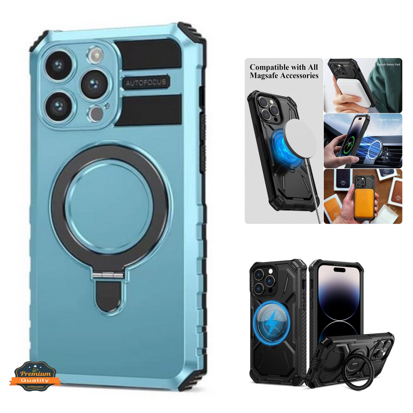 For Apple iPhone 15 (6.1") Hybrid Bumper Invisible Stand Compatible with Magsafe 360° Ring Kickstand Shockproof Phone Case Cover