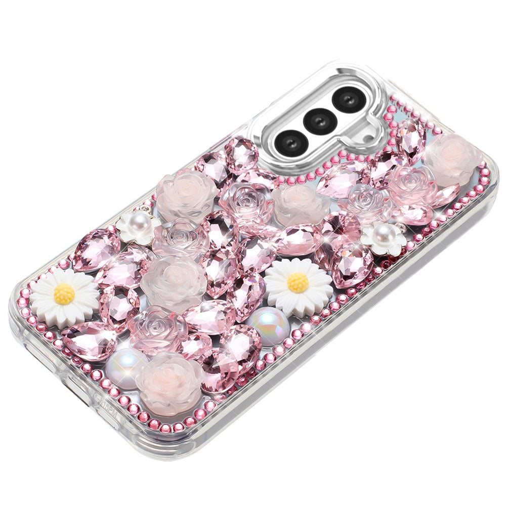 For Samsung Galaxy A16 5G Fashion Daisy Floral Series, Full 3D Bling Crystal Diamonds Sparkling Rhinestone Glitter Hybrid Design Case Cover
