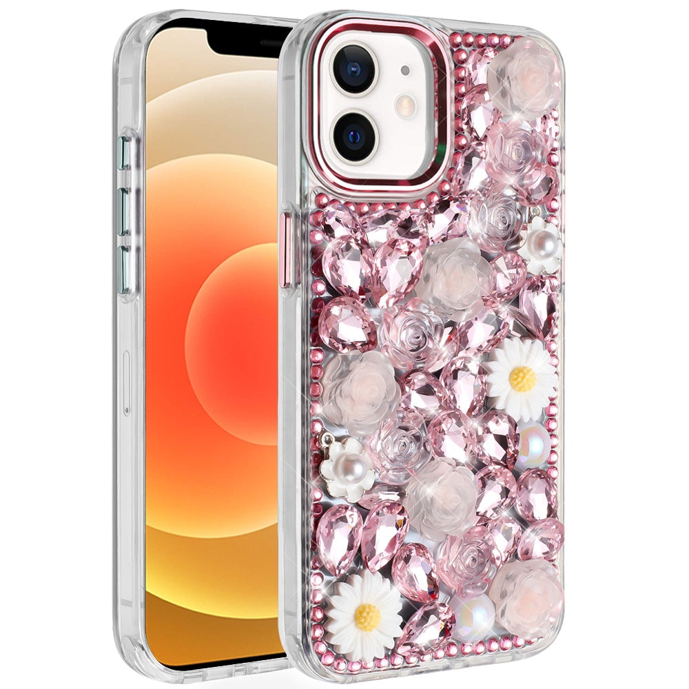 For Samsung Galaxy A36 Fashion Daisy Floral Series, Full 3D Bling Crystal Diamonds Sparkling Rhinestone Glitter Hybrid Design Case Cover Pink
