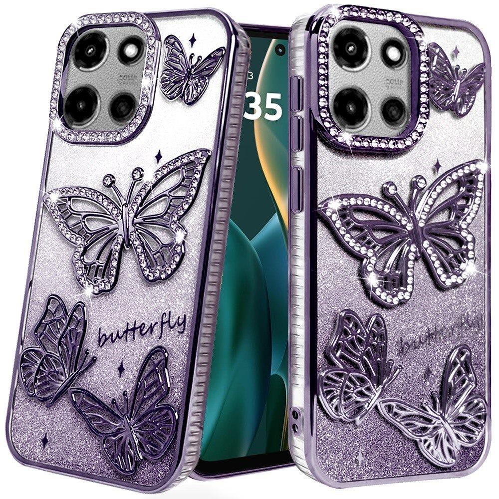 For Motorola Edge 2025 Luxury Butterfly Sparkle Glitter Diamond Crystal Rhinestone Shimmer Bling Plating Thick TPU Hard PC Case Cover