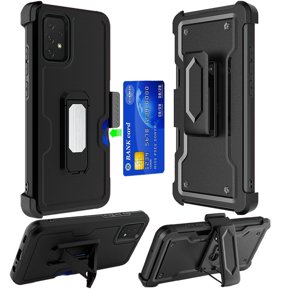 For Samsung Galaxy A16 5G Full-Body Hybrid Heavy Duty Armor Case with Belt Clip Holster, Credit Card Holder & Kickstand Case Cover Black