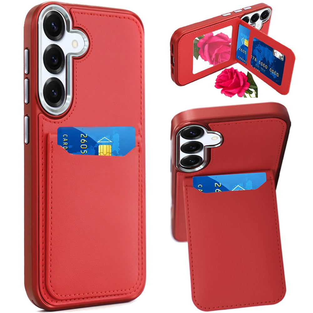 For Samsung Galaxy A16 PU Leather Wallet Cover with Credit Card Holder, Kickstand & Mirror Inside Slim Fit TPU & PC Hybrid Design Case Cover