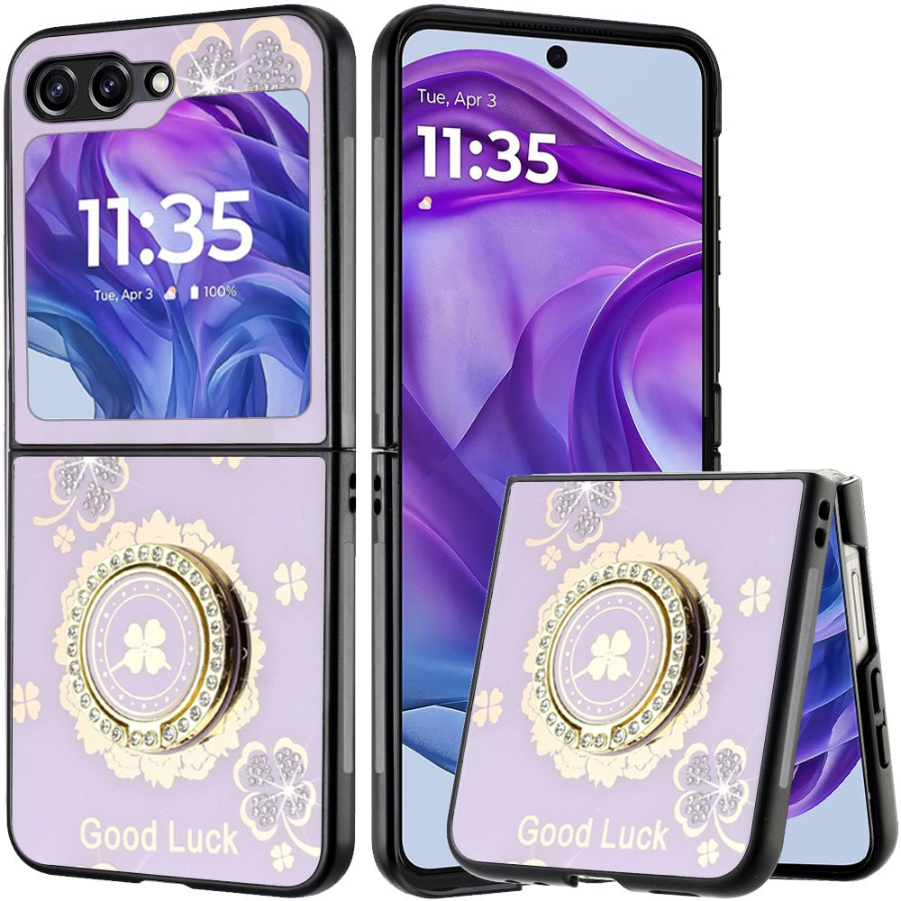 For Motorola Razr+ PLUS (2025 /2024) Diamonds 3D Fashion Bling Sparkly Glitter Ornaments Engraving Hybrid with Ring Stand Case Cover