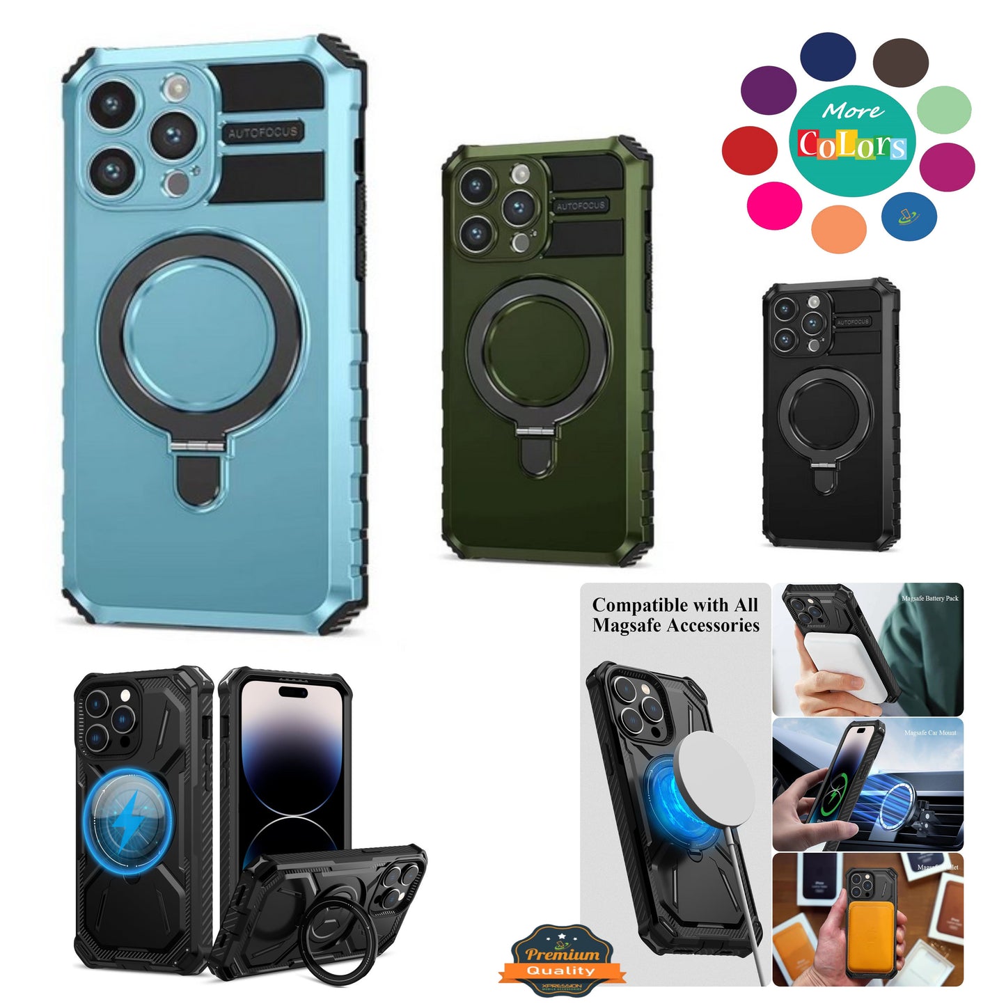 For Apple iPhone 15 Pro Max (6.7") Hybrid Invisible Stand Compatible with Magsafe 360° Ring Kickstand Shockproof Phone Case Cover