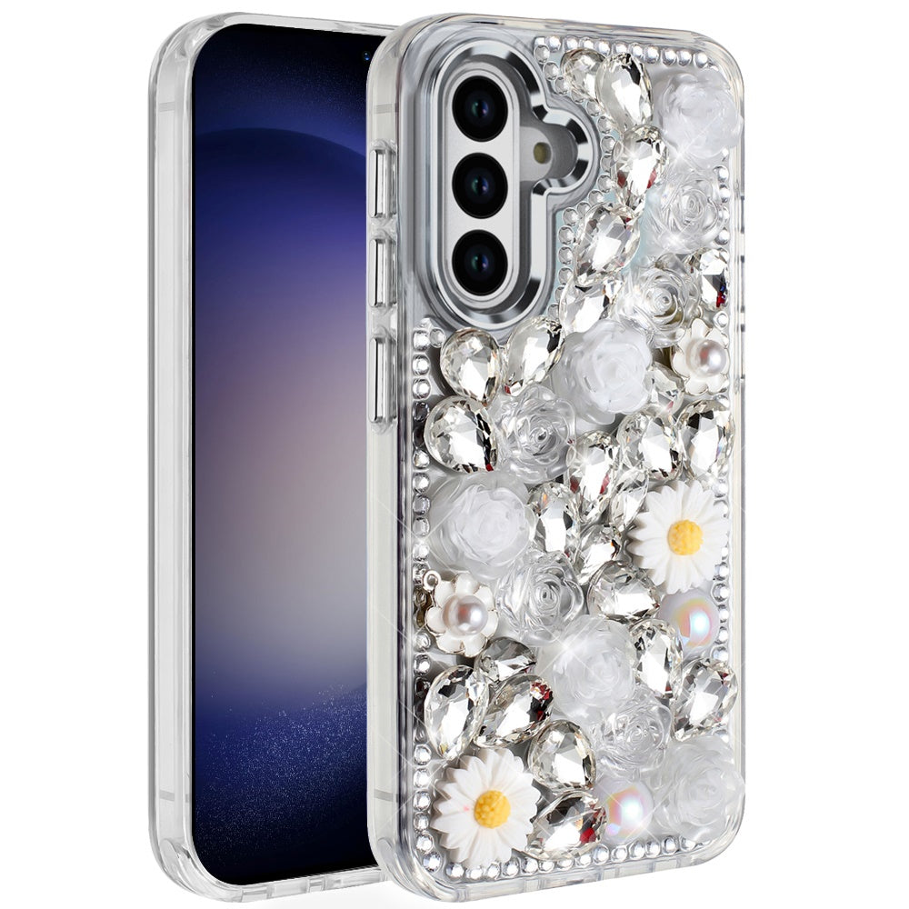 For Samsung Galaxy A16 5G Fashion Daisy Floral Series, Full 3D Bling Crystal Diamonds Sparkling Rhinestone Glitter Hybrid Design Case Cover