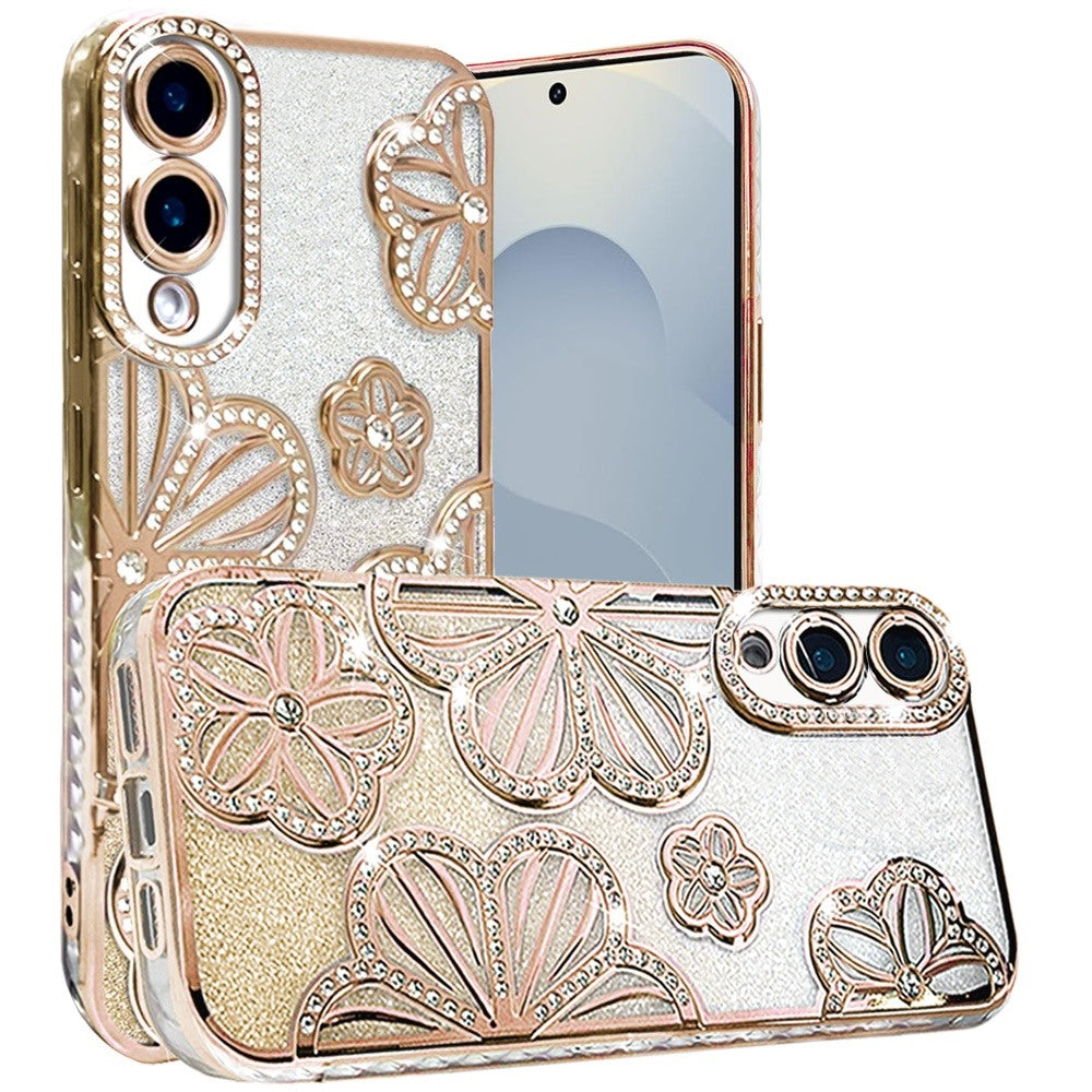 For Samsung Galaxy A26 Luxury Flower Design Sparkle Glitter Diamond Rhinestone Shimmer Bling Plating Thick TPU Hard PC Case Cover