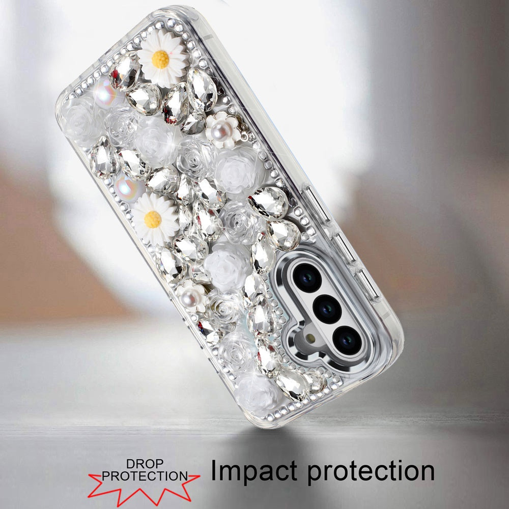 For Samsung Galaxy A16 5G Fashion Daisy Floral Series, Full 3D Bling Crystal Diamonds Sparkling Rhinestone Glitter Hybrid Design Case Cover