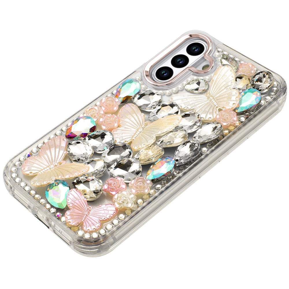 For Samsung Galaxy A16 3D Diamond Floral Butterfly Bling Stone Hybrid, Sparkly Rhinestone Gemstone Back Shockproof Case Cover