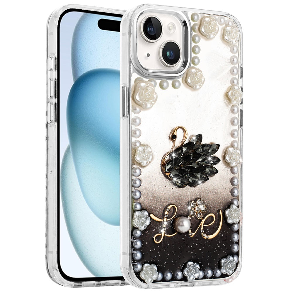 For Samsung Galaxy A36 Bling Fashion Design with 3D Pearls Epoxy Glitter Ornaments Chrome Edge Hard Slim PC Case Cover