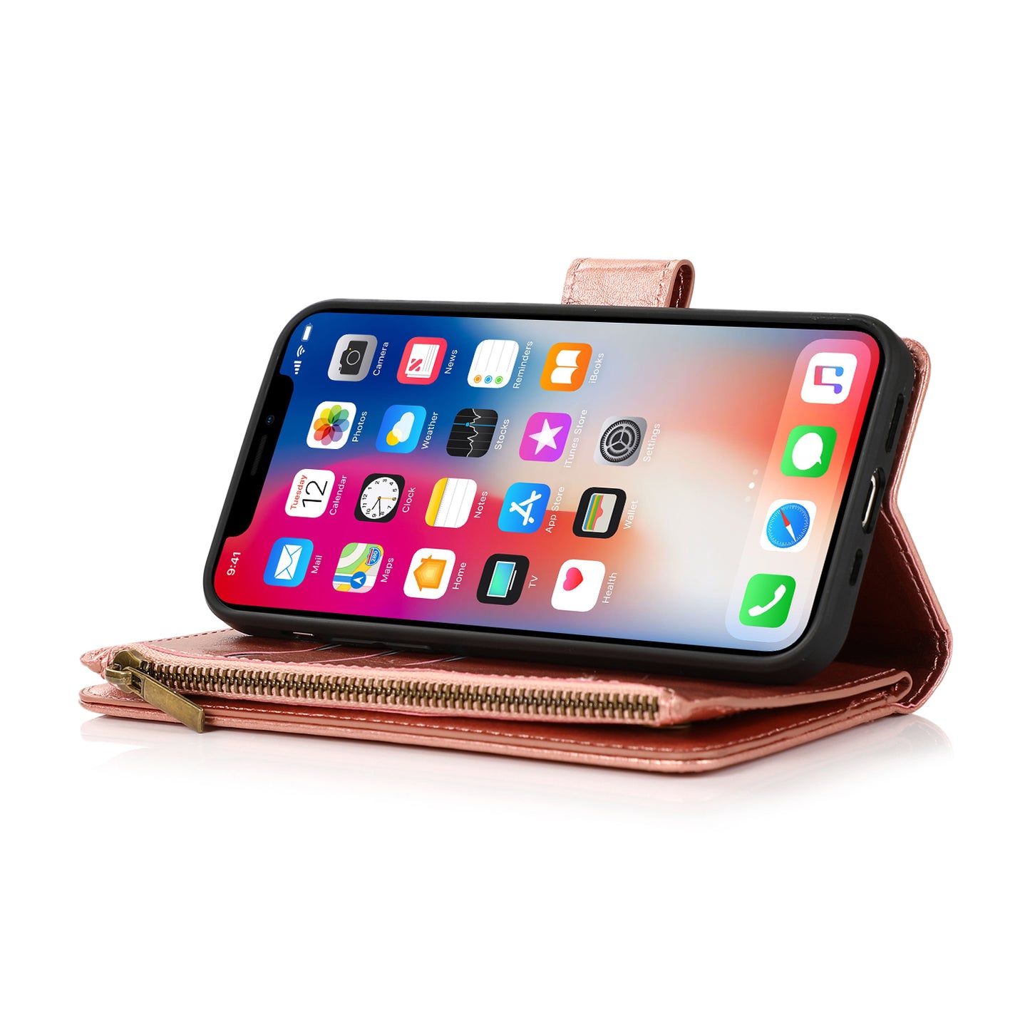 For Samsung Galaxy A16 5G PU Leather Zipper Wallet Case 9 Credit Card Slots Cash Money Pocket Clutch Pouch with Stand & Strap Case Cover Rose Gold