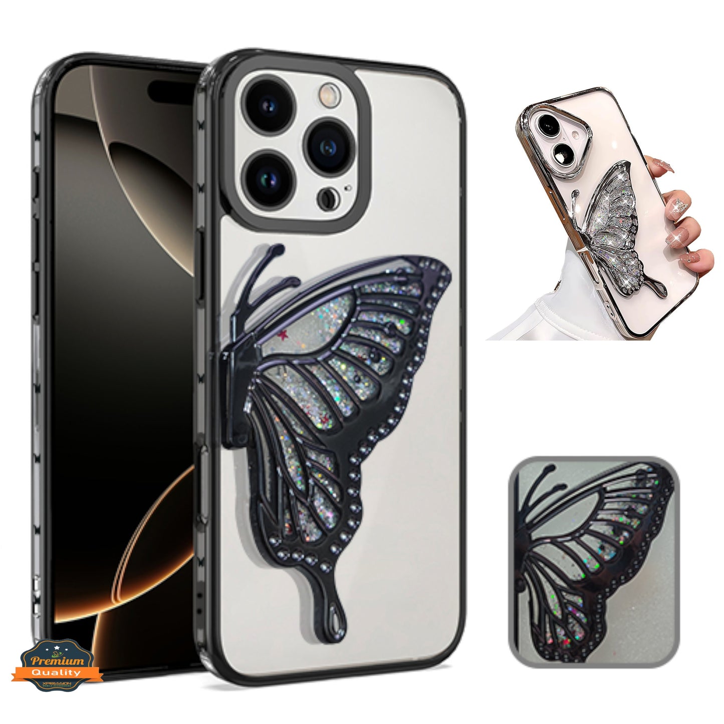 For Samsung Galaxy A16 Glitter 3D Butterfly Bling Case, Chrome Electroplate Sparkle Liquid Flowing Plating Hybrid Bumper Case Cover