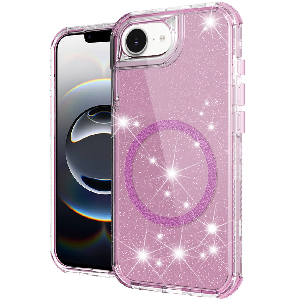 For Apple iPhone 16e Magnetic Circle Compatible with Magsafe, Bling Glitter Sparkle 3-in-1 Hybrid Shockproof TPU Bumper Case Cover