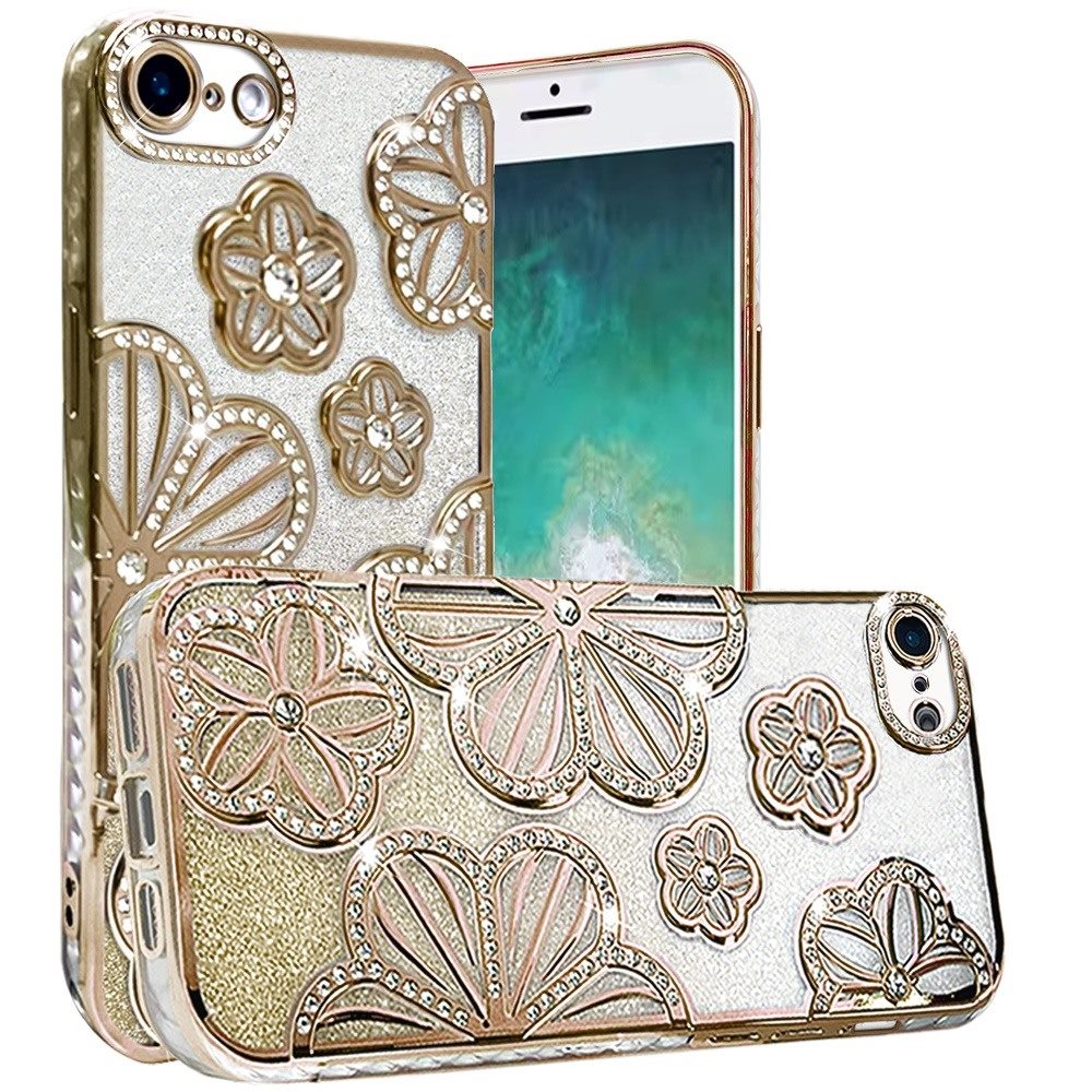 For Samsung Galaxy A16 Luxury Flower Design Sparkle Glitter Diamond Rhinestone Shimmer Bling Plating Thick TPU Hard PC Case Cover Flower Gold