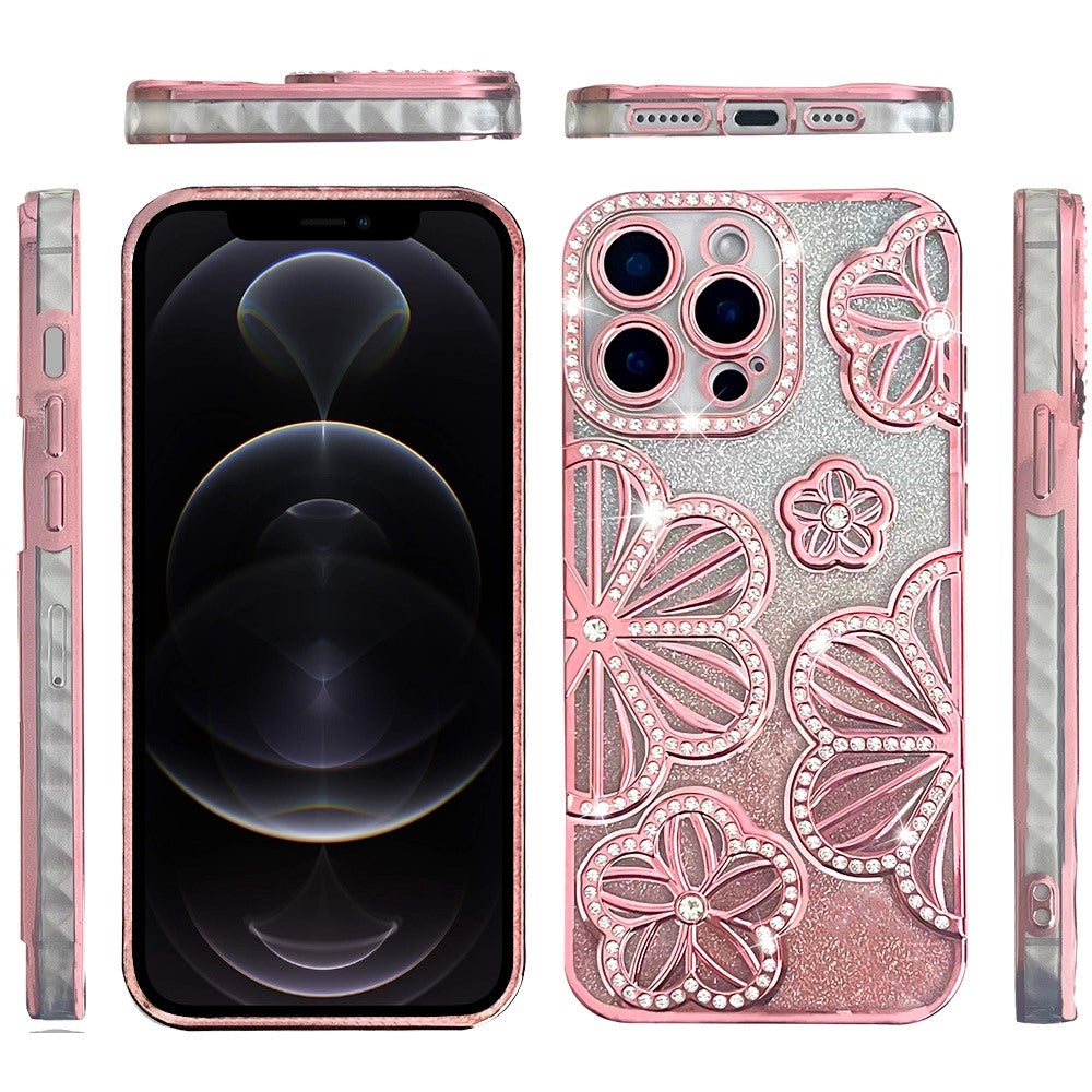 For Samsung Galaxy A16 Luxury Flower Design Sparkle Glitter Diamond Rhinestone Shimmer Bling Plating Thick TPU Hard PC Case Cover Flower Rose Gold