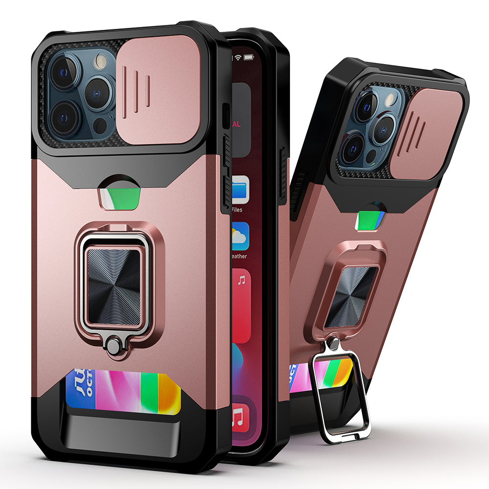 For Samsung Galaxy A16 5G Wallet Case with Ring Stand & Slide Camera Cover Credit Card Holder, Military Grade Hard Shockproof Case Cover Rose Gold