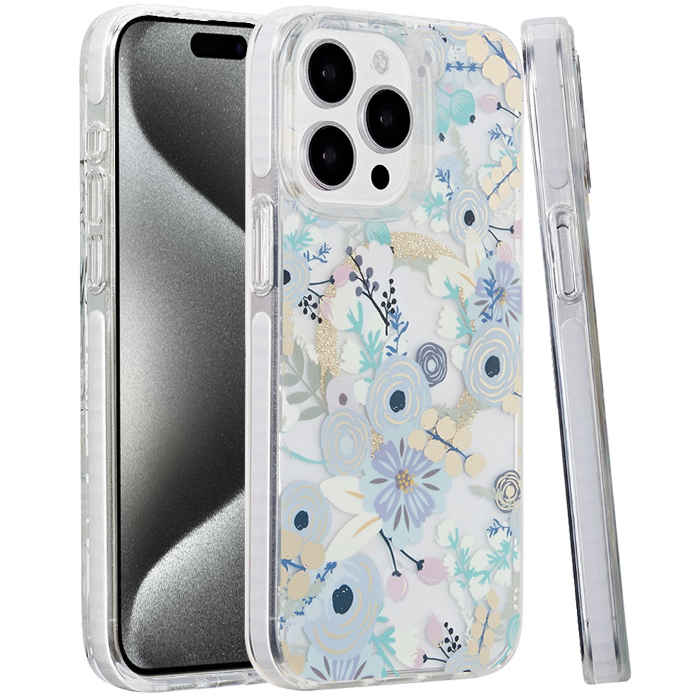 For Apple iPhone 16 Pro Max (6.9") Floral Pattern Design Cute Clear Hybrid Compatible with Magsafe Double Layer Soft TPU Hard PC Case Cover