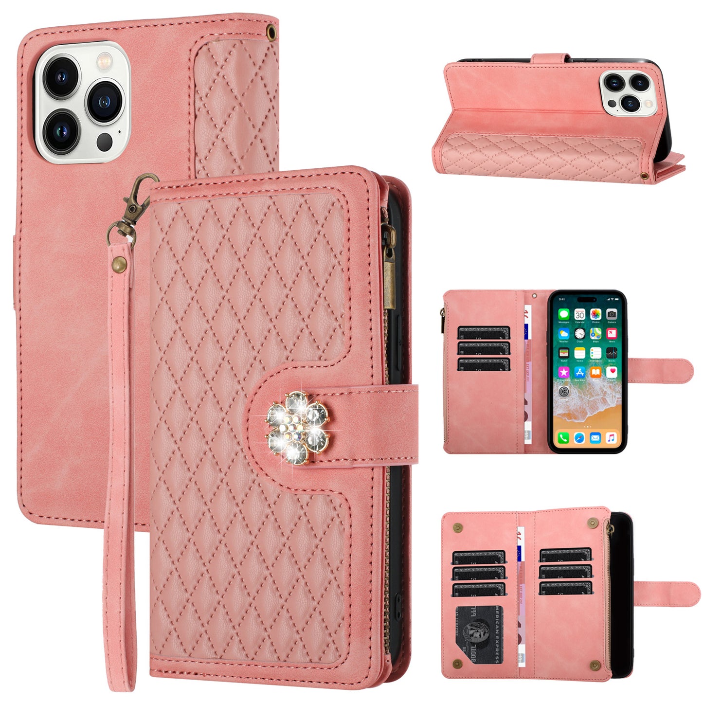 For Apple iPhone 16e (E edition) PU Leather Wallet Design Jewel Bling with Credit Card Holder Flip Folio Pouch Zipper Purse Wrist Strap Case Cover