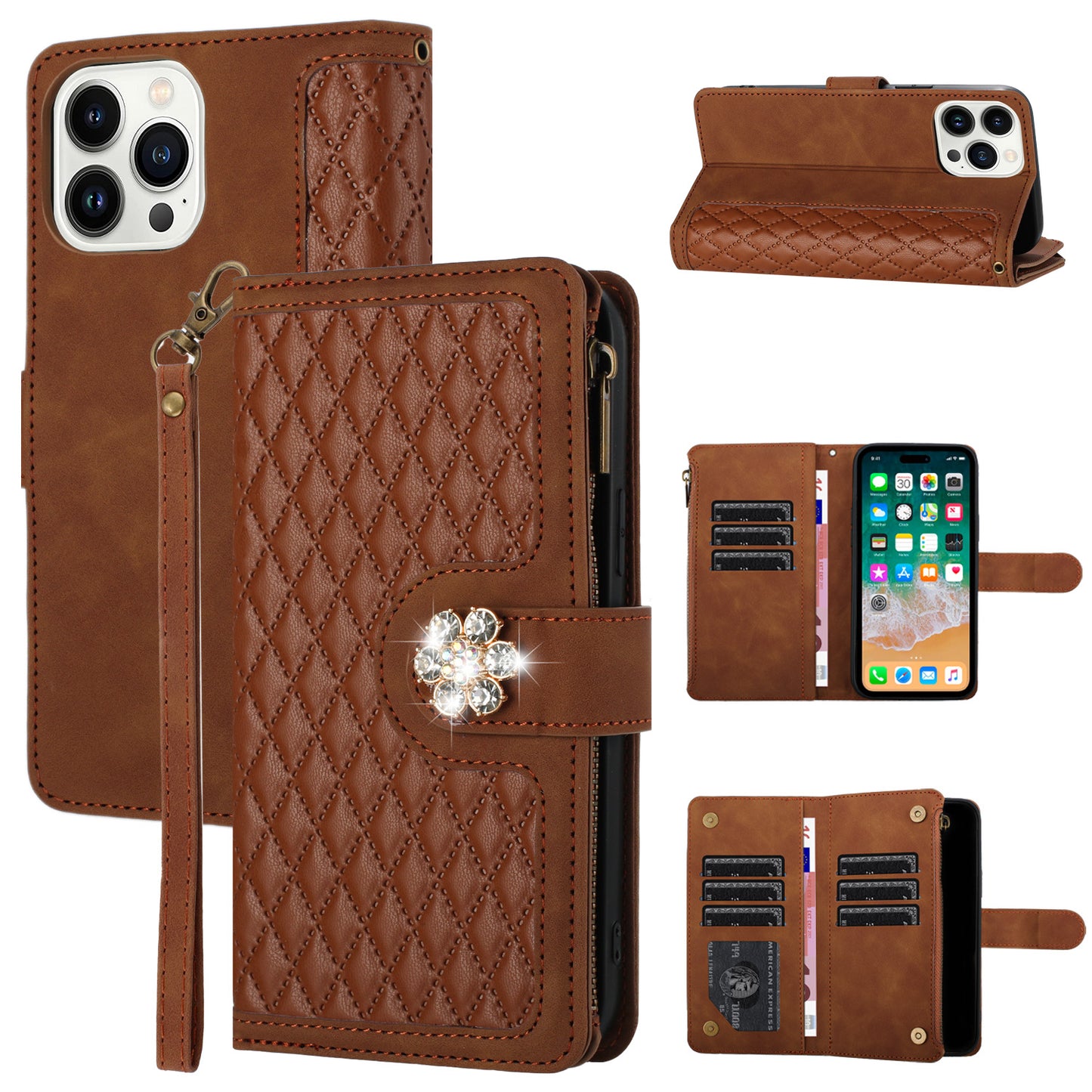 For Apple iPhone 16e (E edition) PU Leather Wallet Design Jewel Bling with Credit Card Holder Flip Folio Pouch Zipper Purse Wrist Strap Case Cover
