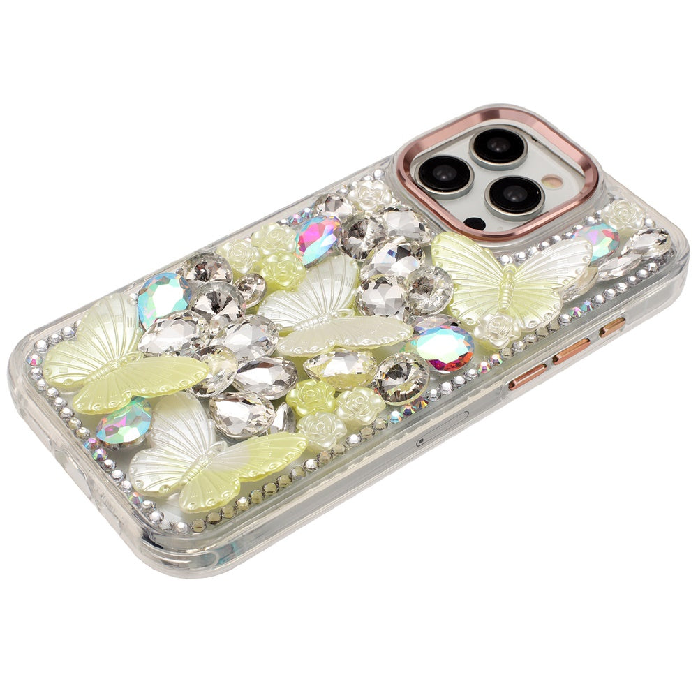 For Apple iPhone 14 Pro Max 3D Diamond Floral Butterfly Bling Stone Hybrid, Sparkly Rhinestone Gemstone Back Shockproof Case Cover
