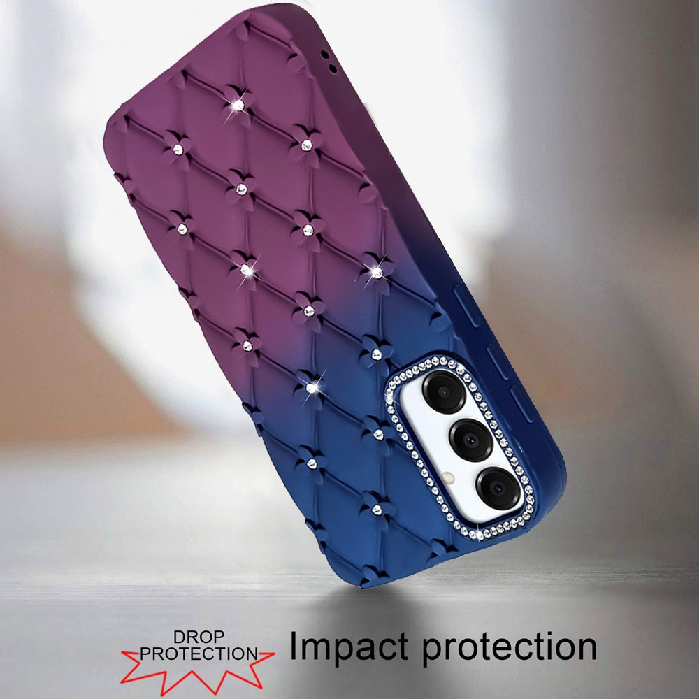 For Samsung Galaxy A16 5G Fashion Flower Design Sparkle Glitter Shimmer Rhinestone Bling Floral Accents, Leather Texture TPU Case Cover