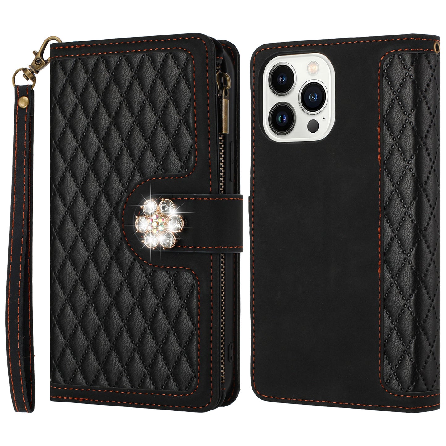 For Apple iPhone 16e (E edition) PU Leather Wallet Design Jewel Bling with Credit Card Holder Flip Folio Pouch Zipper Purse Wrist Strap Case Cover