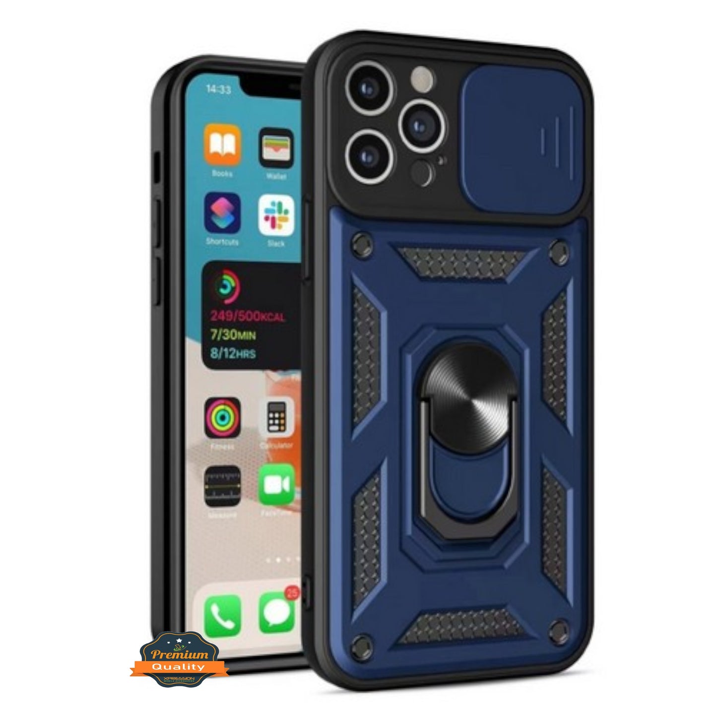 For Apple iPhone 15 (6.1") Built in Sliding Camera Lens Protection & Finger Ring Stand Holder Hybrid PC Shockproof Phone Case Cover