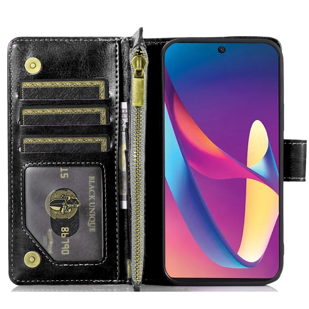 For Samsung Galaxy A16 5G PU Leather Zipper Wallet Case 9 Credit Card Slots Cash Money Pocket Clutch Pouch with Stand & Strap Case Cover Black