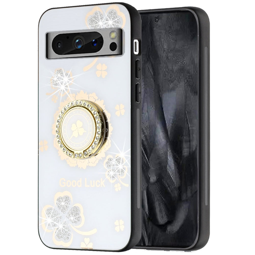 For Samsung Galaxy Z Fold 7 Diamonds 3D Fashion Floral Bling Sparkly Glitter Ornaments Engraving Hybrid with Ring Stand Case Cover White Good Luck Floral