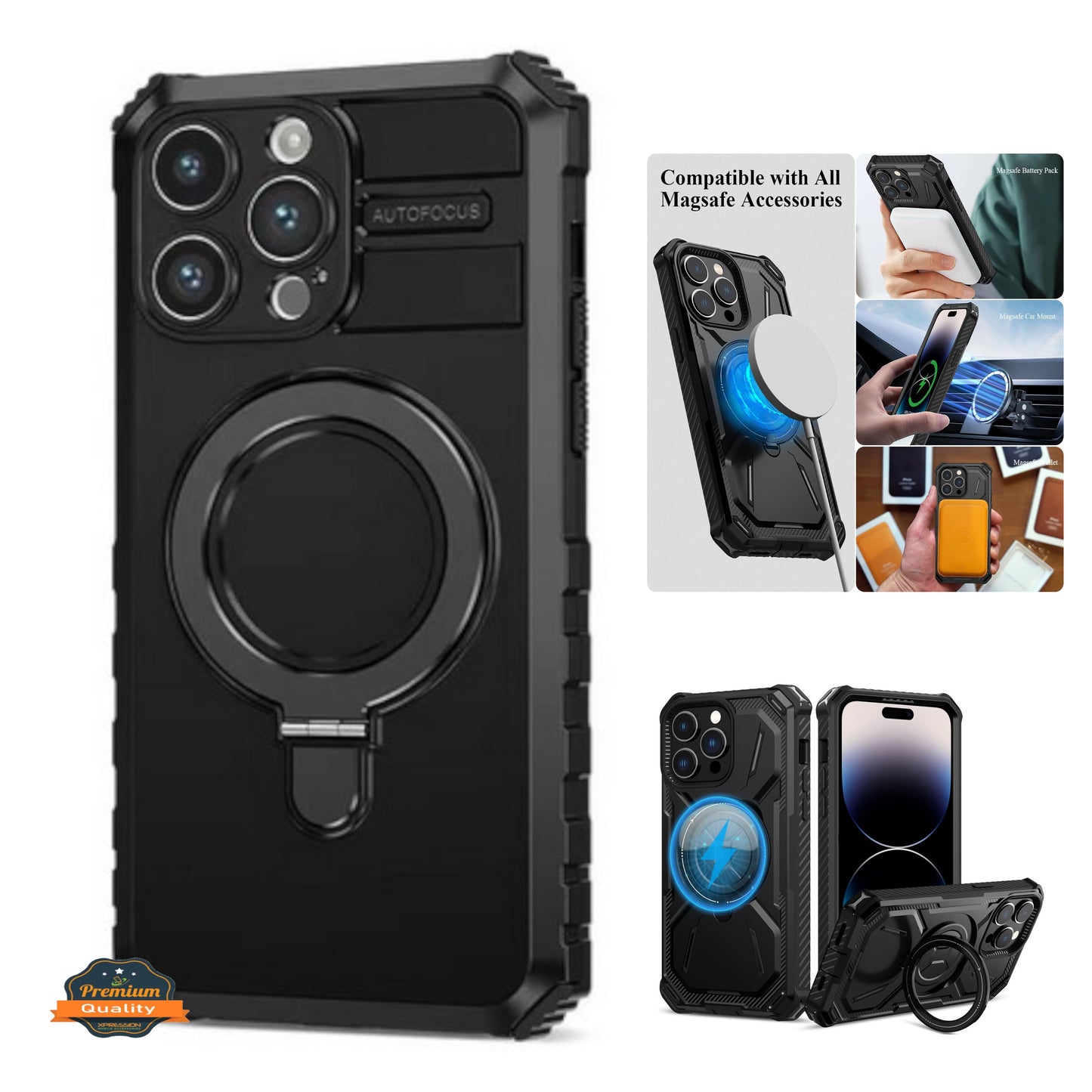 For Apple iPhone 15 Pro Max (6.7") Hybrid Invisible Stand Compatible with Magsafe 360° Ring Kickstand Shockproof Phone Case Cover