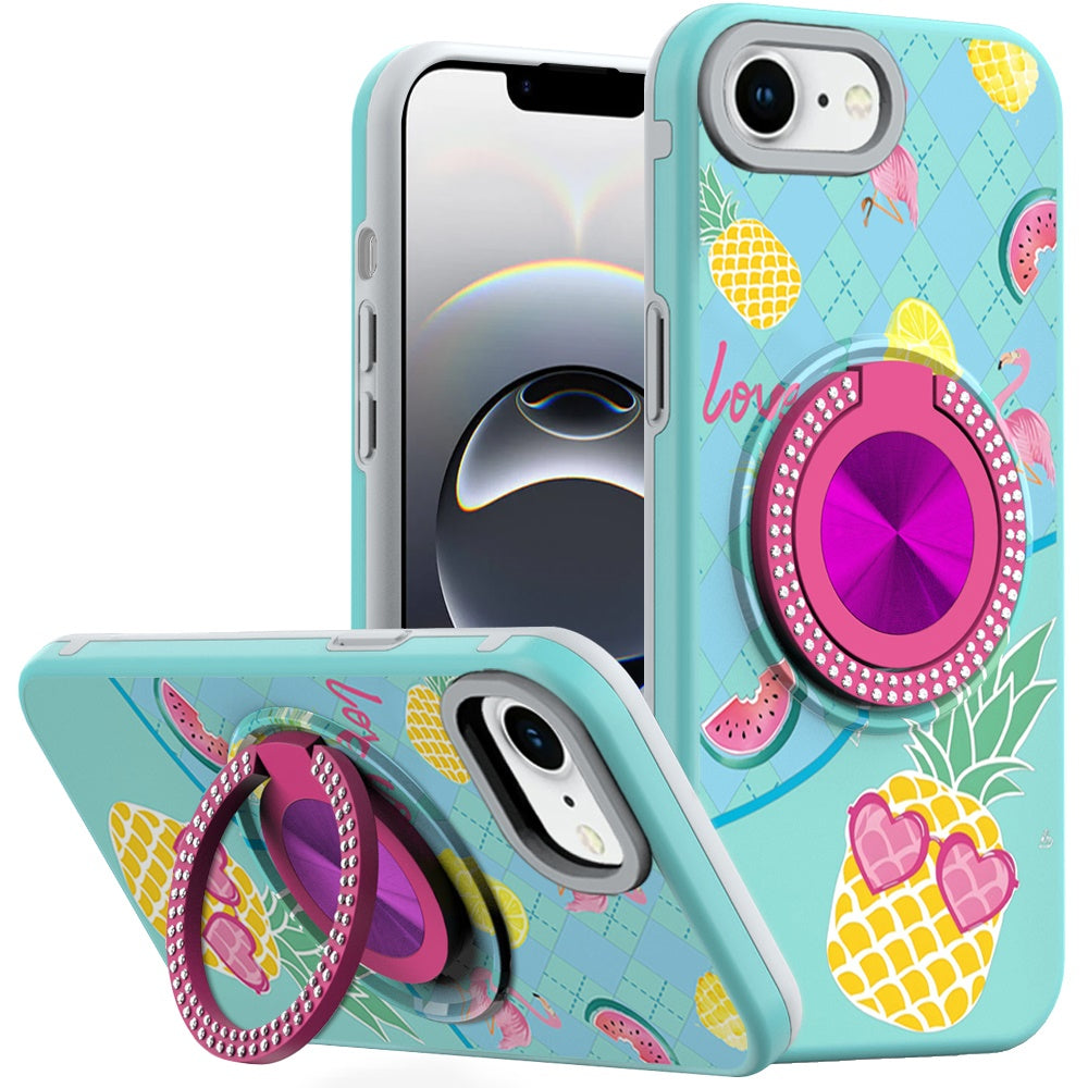 For Apple iPhone 16e Pattern Design Hybrid with Invisible Ring Stand & Magnetic Back, Shockproof Protective Grip Case Cover