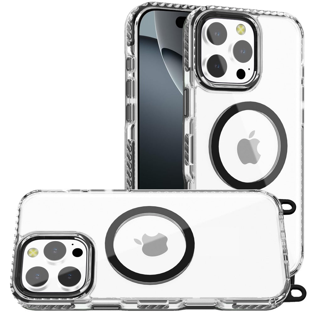 For Apple iPhone 16 (6.1") Clear Magnetic Frame PC Back Shockproof Protective Case with Detachable Lanyard Strap, Compatible with MagSafe Case Cover