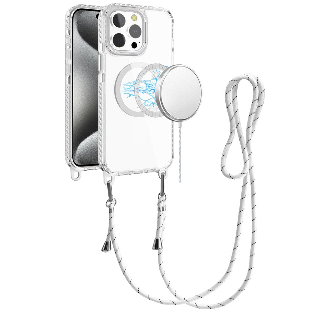 For Apple iPhone 15 Pro Max Clear Magnetic Frame PC Back Shockproof Protective Case with Detachable Lanyard Strap, Compatible with MagSafe Case Cover