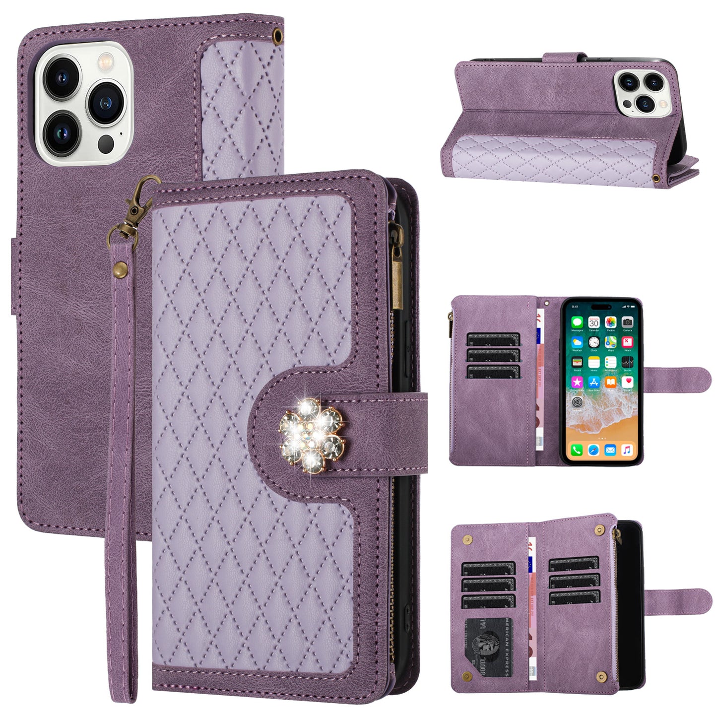 For Apple iPhone 16e (E edition) PU Leather Wallet Design Jewel Bling with Credit Card Holder Flip Folio Pouch Zipper Purse Wrist Strap Case Cover