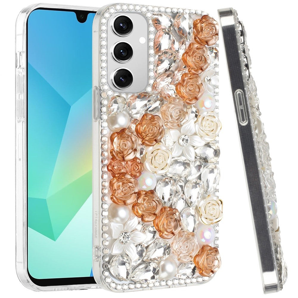 For Samsung Galaxy A16 5G Fashion Rose Flower Floral Bling Crystal 3D Full Diamonds Pearl Sparkle Rhinestone Glitter Hybrid Case Cover