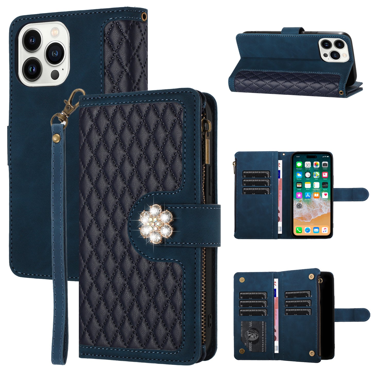For Apple iPhone 16e (E edition) PU Leather Wallet Design Jewel Bling with Credit Card Holder Flip Folio Pouch Zipper Purse Wrist Strap Case Cover