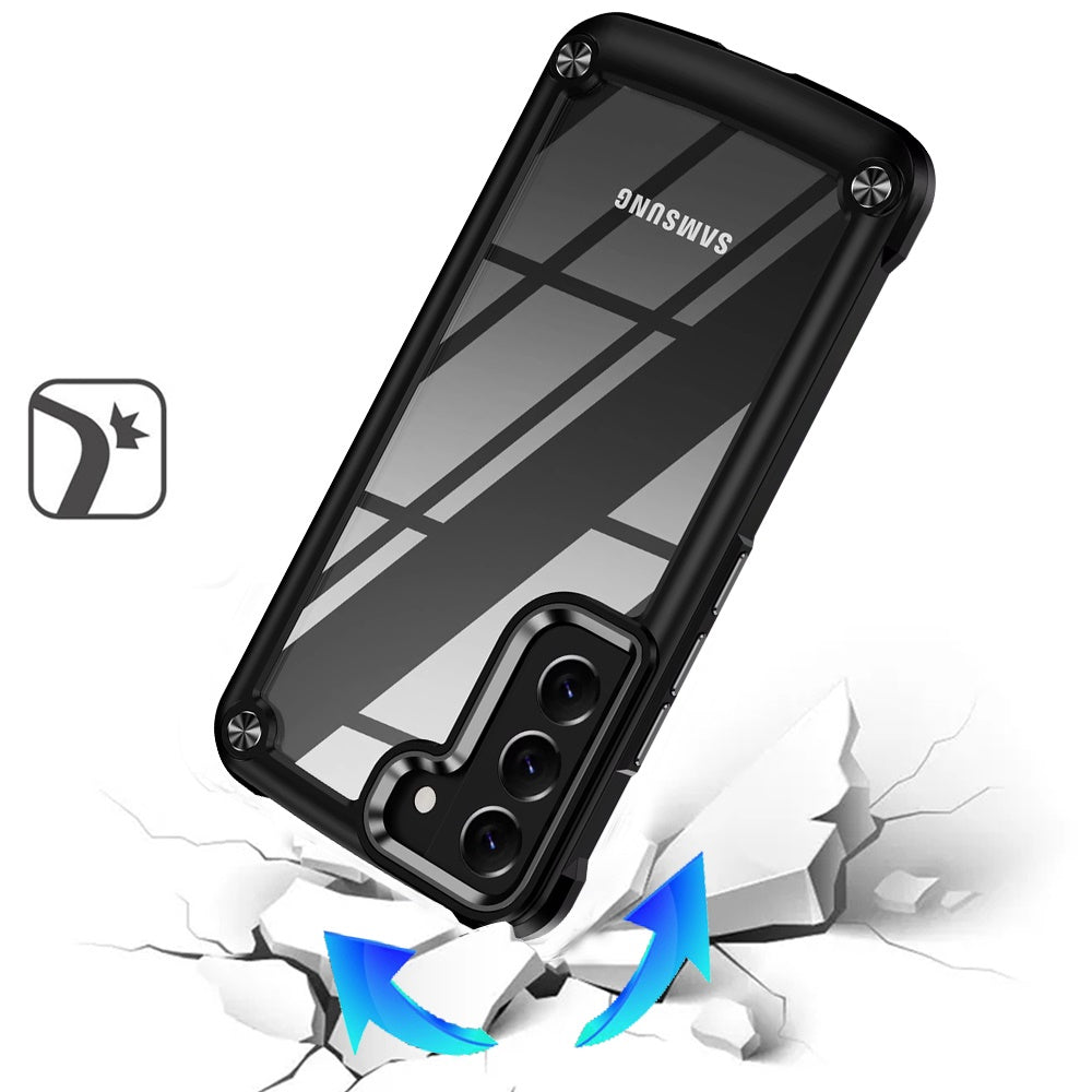 For Samsung Galaxy S21+ Plus Hybrid Transparent Rubber with Metal Buttons & Camera Edges Hard TPU Corner Frame Bumper Case Cover Black