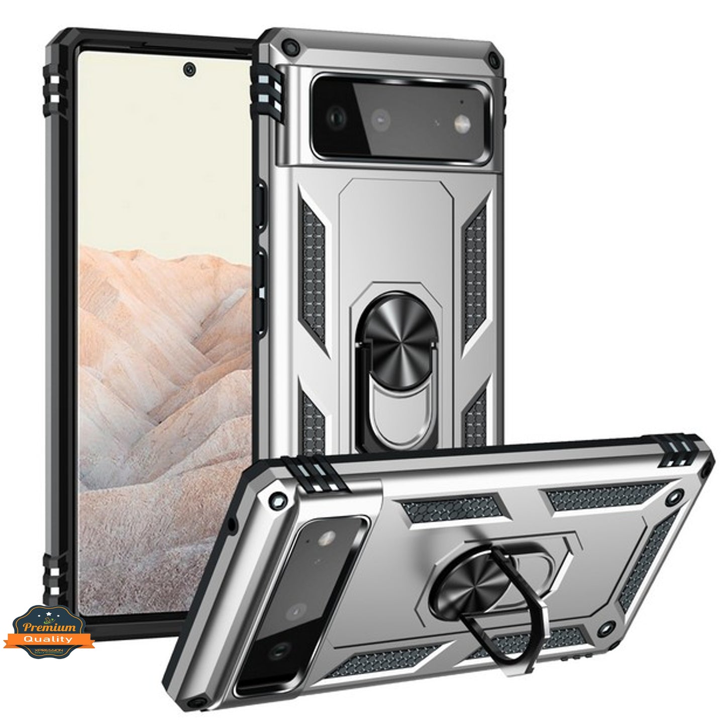 For Google Pixel 6A Shockproof Hybrid Dual Layer PC + TPU with Ring Stand Metal Kickstand Heavy Duty Armor Shell Case Cover