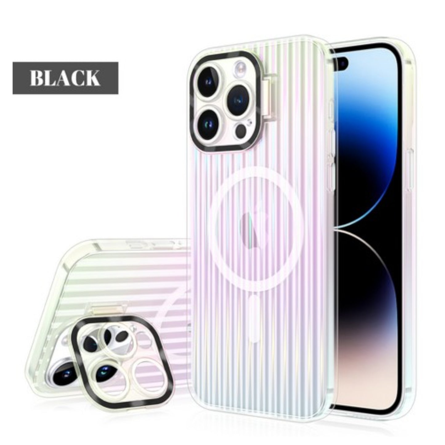 For Apple iPhone 15 Pro Max (6.7") Built-in Camera Kickstand Shockproof Iridescent Holographic Colorful TPU Protective Phone Case Cover